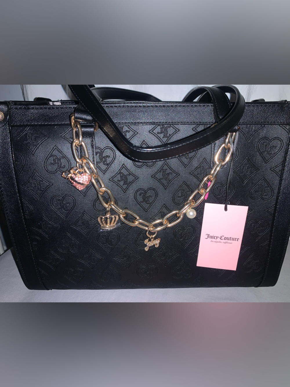 🆕-Juicy Couture LIQUORICE Embossed Tote & Gold Charm WRISTLET Set - Picture 3 of 14